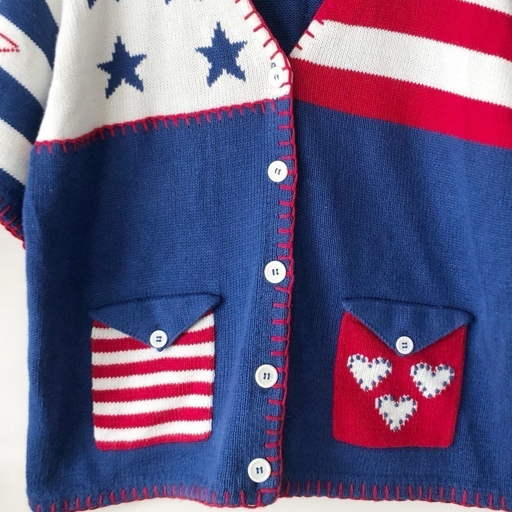 80s Vintage Americana Stars & Stripes Heart Patch Patriotic Cardigan Sweater XL - Picture 11 of 14